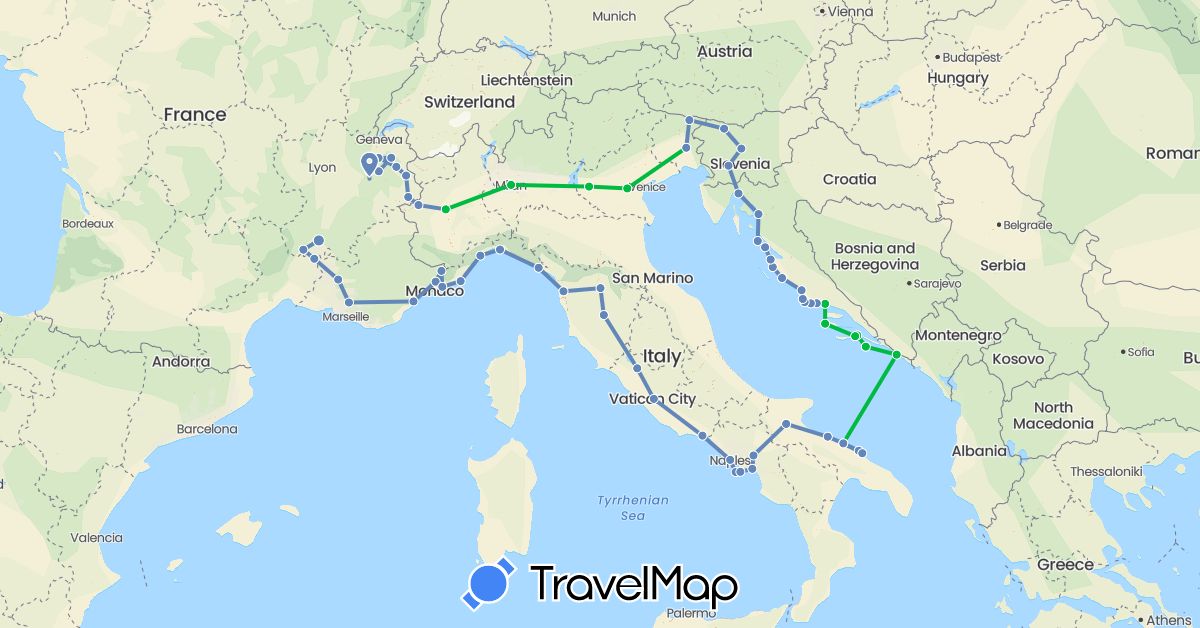 TravelMap itinerary: driving, bus, cycling in France, Croatia, Italy, Slovenia (Europe)